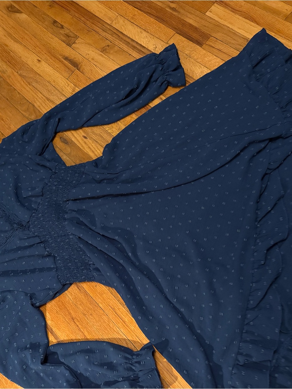 SHEIN Navy Blue Textured Dot Blouse with Lace Trim